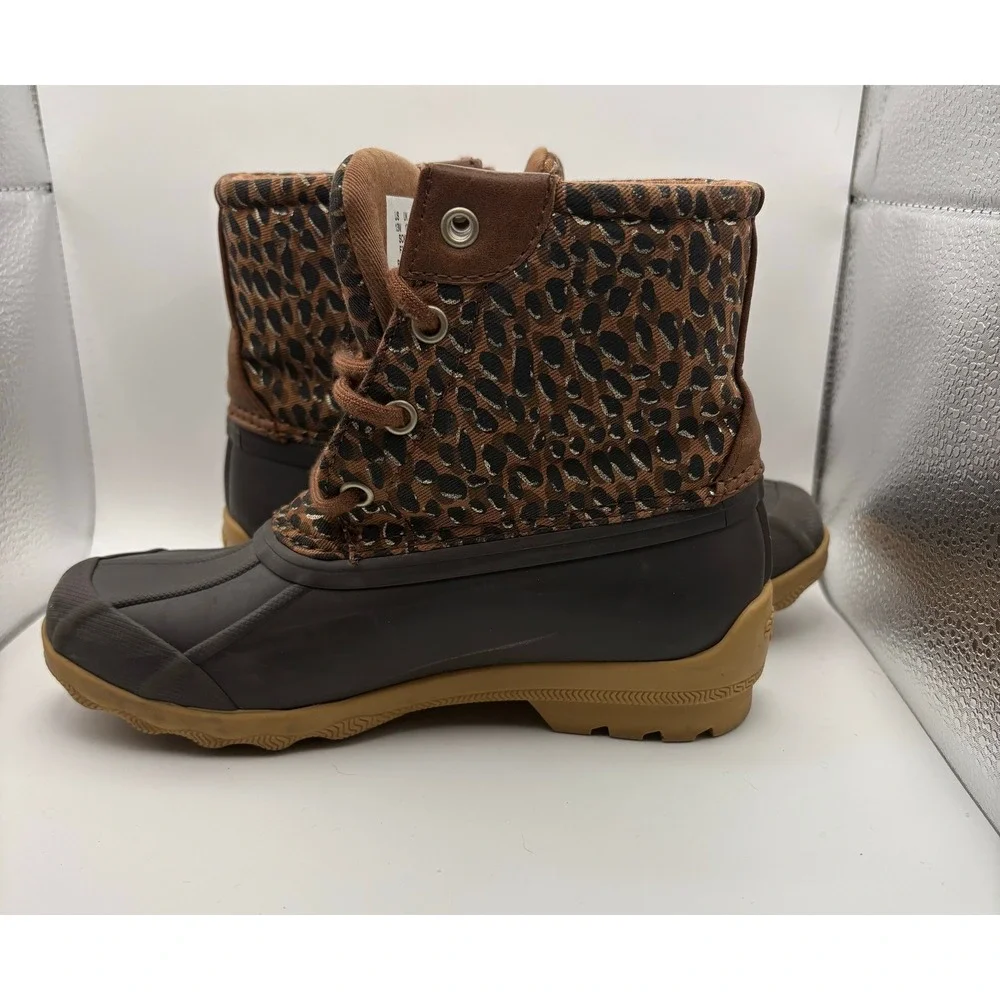 Sperry Saltwater Leopard Print Duck Boots Brown Kids Girls Waterproof Shoes